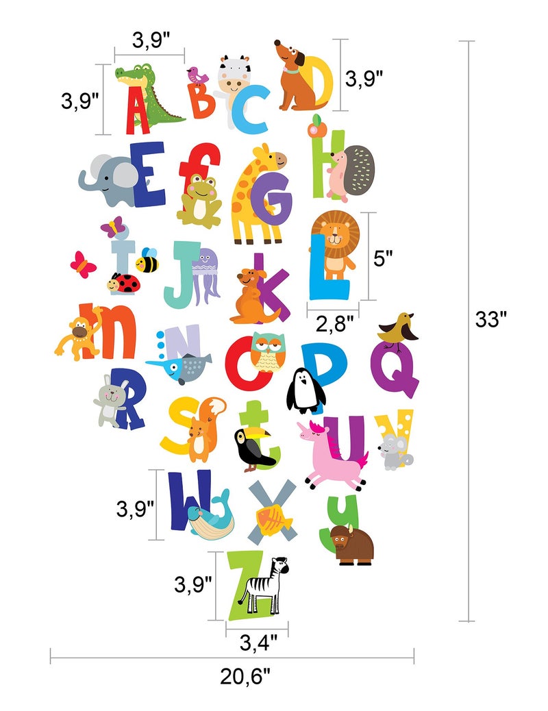 ديزاين ستيكرز ملصقات ABC - ملصقات حائط على شكل أبجدية حيوانات - ملصقات للفصل الدراسي - حروف ABC - ملصقات حائط للأطفال - هدية متضمنة! - Image 2